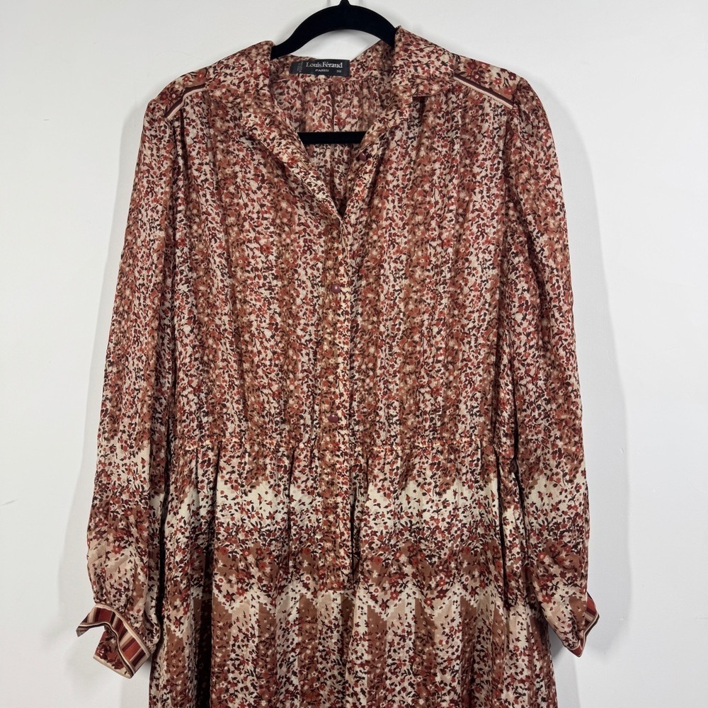 Vintage Louis Féraud Paris Boho Fall Floral Midi Chic Sheer Dress Size 38 - Picture 3 of 12